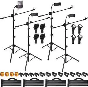 4 Pcs Tripod Microphone Stand Boom Arm Floor Mic Stand Adjustable Height 24-64 inch with 4 Carrying Bag and 8 Mic Clips for Singing Stage Wedding Karaoke Church(Universal Style)