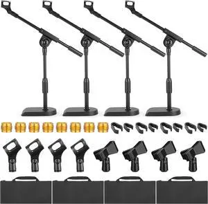 4 Pack Weighted Table Top Mic Stand with Boom Arm Adjustable Desktop Microphone Stand with Metal Base, Clips, Cable Holders, 5/8" Male to 3/8" Female Screw for Podcast Recording Studio Setup