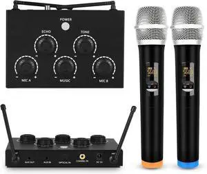 Portable Karaoke Microphone Mixer System Set with Dual UHF Wireless Mic, 3.5mm AUX/Optical/Coaxial in Singing Receiver for KTV, Amplifier, Speaker, PA System, Karaoke Machine, DJ