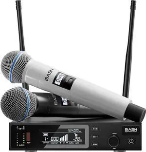 BASN Wireless Two Microphone System with UHF Dual-Channel Receiver, Metal Handheld Dynamic Mics Kit for for Karaoke Singing, Wedding, Party, Church, Speech (White/Black) BASN Wireless Two Microphone System with UHF Dual-Channel Receiver, Metal Handheld Dynamic Mics Kit for for Karaoke Singing, Wedding, Party, Church, Speech (White/Black)
