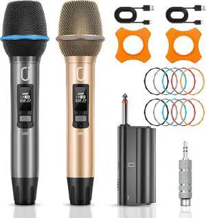 Wireless Microphones, Two UHF Microphones for Karaoke Singing, Rechargeable Dynamic Mic System with Receiver for Church, Party, Meeting, Speech, PA System, Plug and Play