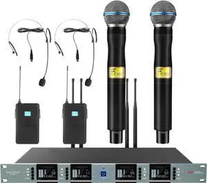 Wireless Microphone System 4 Channel with 4x100 UHF Adjustable Frequency, UHF Metal Cordless Handheld Headset Lavalier Lapel Mics, Bring Auto Scan Feature for Church, Karaoke, Singing
