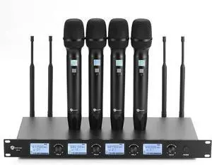 EXOTON MU-4 Wireless Microphone System, 4 Channel UHF Cordless Handheld Mics Set - 10 Selectable Frequencies 500-598MHZ, Auto Scan & Memory Function, 300ft Range, Perfect for Events, Karaoke