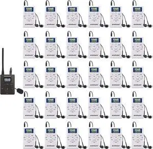 EXMAX E108 DSP Stereo Wireless Headsets FM Radio Broadcast System for Tour Guide Teaching Meeting Training Travel Field Interpretation 1 Transmitter & 30 Receivers (White)