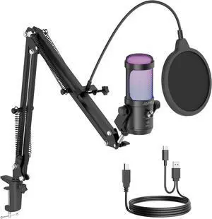 JARO USB Podcast Microphone with Boom Arm, Studio Condenser Mic with Real-Time Monitoring, Mute, Volume Control Ideal for Voice & Singing (Black)