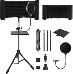 6-Panel Microphone Isolation Shield with Adjustable Stand  Foldable Soundproof Vocal Booth for Recording, Professional Studio Mic Shield Compatible with Blue Yeti and Other Microphones