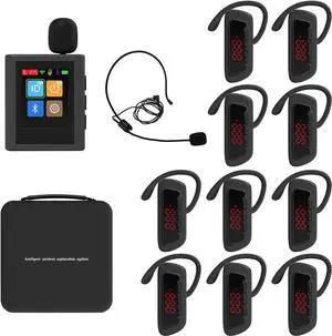 Wireless Tour Guide System, 140m Range, Clear Sound Quality, Voice Audio Transmission for Factory School Training Teaching Church(1 Transmitter & 10 Receivers)