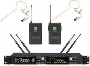 Pro Wireless Microphone System Dual Wireless Mics,w/ 2 Ear Earset Microphones, 2x100 Adjustable UHF Channels, Auto Scan,328ft Range, for Stadium,Studio, Exhibit, Conference,Lecture, Speech