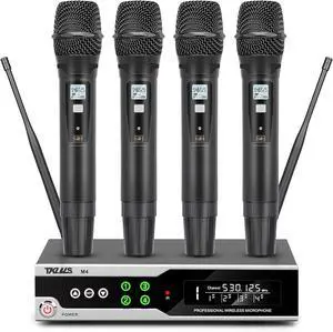 Wireless Microphone System, 4 Channel UHF System with Handheld Microphone, Dual Cordless Karaoke Microfono Set, 300FT Wireless Range, Suitable for Performances, Conferences, Wedding