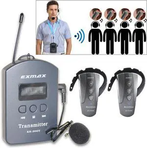 EXMAX EX-200E UHF Wireless Tour Guide System Voice Transmission Microphone Earphones for Lectures in Noisy Exhibition Halls Private Speech City Bus Tours Church Translation - 1 Transmitter 2 Receivers