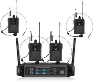 ST-102 4-Channel Wireless Microphone System, UHF Wireless Microphone kit with 4 Bodypacks and 4 Headsets Mics, auto-scan, 200-foot Coverage, for Singing, Karaoke, DJs, Churches