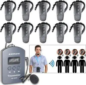 EXMAX EX-200E UHF Professional Wireless Tour Guide System 200 Channels for Assistive Listening Guided Tours Church Translation Worship Factory Visits Equestrian Training 1 Transmitter 10 Receivers