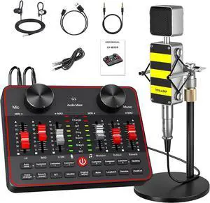 Podcast Equipment Bundle, Audio Interface with Cardioid Designer BM800 Mic for Gamer and All-in-One DJ Mixer, Perfect for Live Streaming, Singing, YouTube, Gaming