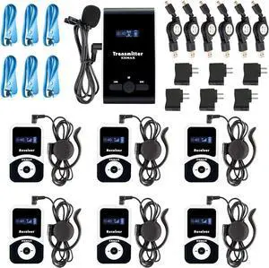 EXMAX EX-100 Wireless Tour Guide System Acoustic Audio Voice Transmission Microphone Earphone Social Distancing For Church Class Simultaneous Interpretation Teach Trainning (1 Transmitter 6 Receivers)