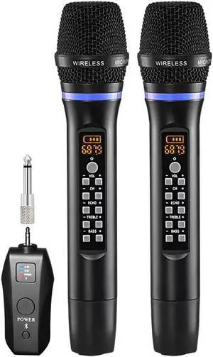 Wireless Microphone Set, Professional Vocal Mics, 50 Channel UHF, 5.0 in Display, Rechargeable Battery, 2 Handheld Transmitters