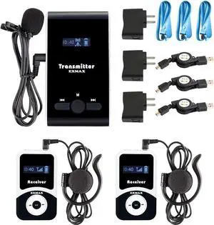 EXMAX EX-100 Wireless Tour Guide Monitoring Acoustic Audio Voice Transmission System Microphone Earphone For Church Translation Simultaneous Interpreting Teaching City Tour (1 Transmitter 2 Receivers)