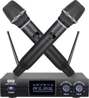 EMB EMIC1250PRO Dual VHF Wireless Handheld Microphone System w/Rechargeable Receiver - Great for Any Occasion Such as Karaoke, DJ, Wedding, Church, Classroom, Stage, Business and Outdoor