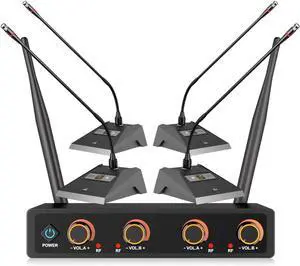 Wireless Microphone System with 4 Professional Gooseneck Microphones, Conference Microphone Kit for Schools, Churches and Business Meetings. Wireless Microphone System with 4 Professional Gooseneck Microphones, Conference Microphone Kit for Schools, Churches and Business Meetings.