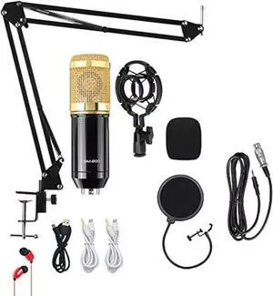 Condenser Microphone Bundle with Live Sound Card - BM-800 Mic Kit with Adjustable Mic Suspension Scissor Arm stand - Broadcasting Metal Shock Mount, Double Layer Pop Filter Studio Recording