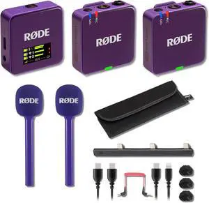 Rode Wireless GO (Gen 3) Compact Wireless Microphone System (Purple) with 2X Purple Interview GO Handheld Adapters