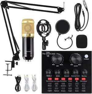 Condenser Microphone Bundle with Live Sound Card, Metal Shock Mount and Doubl,Adjustable Mic Suspension Scissor Arm,Podcast Equipment Bundle - -Layer Pop F
