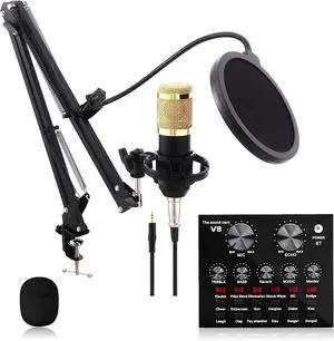 Condenser Microphone Bundle, Mic kit Live Sound Card with Adjustable Mic Arm Stand Desk for Studio Recording & Broadcasting