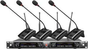 Pro Wireless Conference Microphone System, Quad Channel Wireless Podium Microphone, 4x100 UHF Frequencies, Auto Scan, 4 Gooseneck Mics for School, Lecture, Church, Conference, Public Speaking