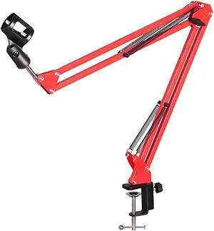 Extendable Recording Microphone Stand with Suspension Boom Scissor Arm, Red, Adjustable Height & Angle, Table Mount Clamp, Mic Clip Holder Extendable Recording Microphone Stand with Suspension Boom Scissor Arm, Red, Adjustable Height & Angle, Table Mount Clamp, Mic Clip Holder