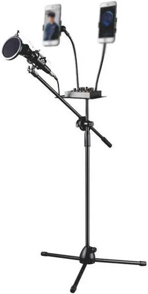 Adjustable Office Microphone Stand with Dual Mobile Phone Holders, Telescopic Tripod for Singing and Live Performance, 75-140cm, Black