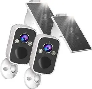 2K Solar Security Camera Wireless Outdoor with Solar Panel, 2Pc Security Cameras for Home Security with Motion Detection Spotlight Siren Alarm, Color Night Vision, 2-Way Talk, Waterproof, Cloud/SD