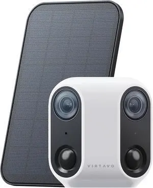 virtavo XM1 Dual-Lens Solar Security Camera Outdoor Wireless, Starlight Night Vision, Smart AI Detection, 100% Wire-Free, IP65 Weatherproof, No Subscription, Local Storage, 2.4GHz WiFi Surveillance