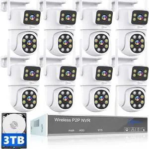 MOVOLS Wireless Security Camera System 5G/2.4G WiFi 8pcs 4MP+4MP Dual Lens Camera System,2K HD PTZ Dome Cameras System with Color Night Version, Motion Detection,3TB HDD, 16CH