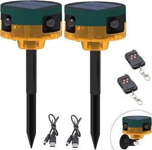 Solar Outdoor Motion Sensor Alarm: Dog Barking&Gunshot Sound, 129db Loud Siren, Support Recording, 13 Kinds of Sound Strobe Light with USB, Say Goodbye to Unwanted Intruders (2 Pack)