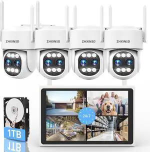 4K Security Camera System Wireless, Dual Lens 4MP+4MP 10X Zoom 2.4G/5G PTZ Cameras for Outdoor Home Security, Auto Tracking, 10 Monitor NVR Pre-Installed with 1TB HDD, 24/7 Record