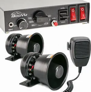 BooYu 9 Tone 12V 400W Warning Emergency Police Siren PA System for Firefighter Ambulance Vehicles Truck Car SUV [Black Steel Speaker][Handheld Microphone][125-135dB][2 x 10A Switches]