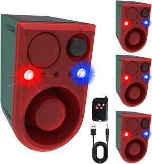 Solar Outdoor Motion Sensor Alarm-Dog Barking&Gunshot Sound, 130db Motion Detector Alarm Light,with Remote Controller,13 Kinds of Sound Red&Blue Strobe Light with USB (± Volume /130dB 4PCS)