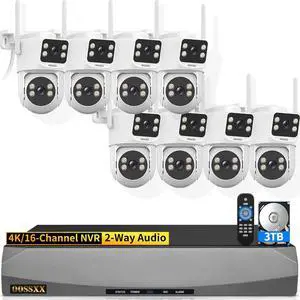 OOSSXX (2-Way Audio & Auto Tracking) 2.5K Dual Lens PTZ Wireless Security Camera System,4K/16-Channel Outdoor Home Surveillance 2.4G/5G WiFi Cameras Systems, 3TB HDD No Subscription