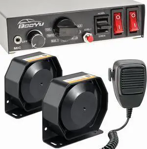 BooYu 12V 400W Police Emergency Siren for Vehicles Truck, 9 Tone Slim Speaker Horn Alarm PA System for Firefighter Ambulance [Handheld Microphone][2 x 10A Switches]