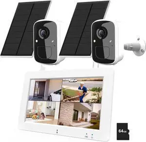 Wireless Security Camera System with 7" Touchscreen Monitor, 2PCS 4MP WiFi Solar Powered Camera Outdoor, PIR Human Detection, 2-Way Audio, Color Night Vision, Pre-Installed 64GB SD Card