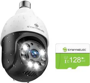 SYMYNELEC 5GHz/2.4GHz Light Bulb Security Camera Outdoor Waterproof 2.5K + 128GB TF Card