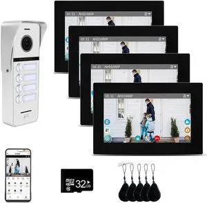 Wired Apartment Video Doorbell System 4 Units 7 Inch Touch Monitor Video Doorbell System,Wireless Video Door Phone Kit, Indoor Outdoor Support Monitoring,Unlocking,Dual Way Intercom for Home Vally