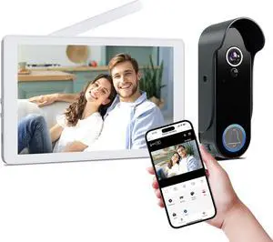 VKJ Wireless Doorbell Camera with Monitor Screen, Video Doorbell with 8" Touch Monitor Screen, Wireless Video Doorbell Intercom System, 1080p, Motion Detector, No Monthly Fees, Tuya APP 2.4G/5G