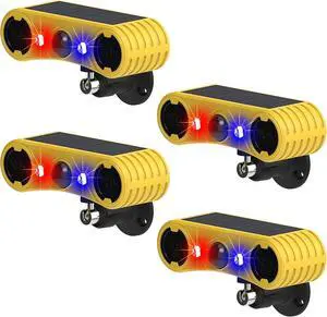 Solar Outdoor Motion Sensor Alarm - Dog Barking&Gunshot Sound Alarm, 2 * 129dB Loud Noise Maker, 4 Modes, Red&Blue Motion Activated Strobe Light for Family Security (4 Pack)