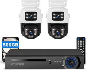 Fuers 4CH 4K Security Camera System, 2 pcs Wired PoE Dual Lens Cameras for Home Security Outdoors, 8MP 4 Channel NVR with 500G HDD for 24-7 Recording,Person Detection,Remote Access