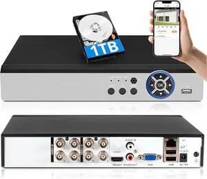 8 Channel 5MP H.265+ Security DVR Recorder with AI Human Detection, 8CH Hybrid 6-in-1 CCTV DVR for Surveillance Camera, Supports 8CH Analog and IP Cameras, (1TB Hard Drive)