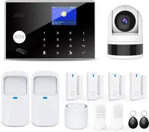 Home Security System with Camera, WiFi + GSM Home Alarm Kit with Phone App Alert, Door/Window Sensor, Remote Control for Apartments (13 Pieces)