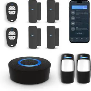 Wireless Home Alarm System 9-Piece Kit, WiFi Alarm System for Home Security with Phone APP Alert (Black Alarm Siren, Remote, Motion, and Door Sensors) for Home, Apartment, Work with Alexa