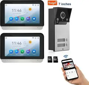 WiFi Wired Video Doorbell System, 7 Inch Ring Video Doorbell Camera with Monitor, Support Two-Way Intercom Unlock & 1080 HD IR Night Vision for Villa Home Office Apartment, with 1 Camera & 2 Monitors