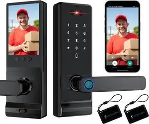3D Face & Palm-Vein Smart Door Lock with Camera & Lever Handle, Indoor Screen, Night Vision, WiFi Video Doorbell, Fingerprint, Tuya-Compatible, for Front Door