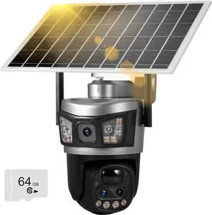 6MP Dual Lens Solar Security Cameras, Wireless Outdoor WiFi Security Camera, 360° View Pan, Two-Way Audio, Motion Detection, Color Night Vision, Waterproof IP66 with 64G SD Storage